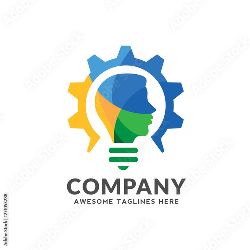 creative colorful logo combining bulb, gear with a human head design,smart intelligent person vector logo