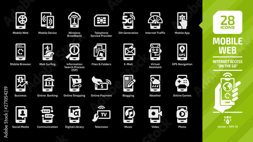 Mobile web icon set on a black background with internet access "on the go" glyph pictogram: tablet phone, wireless network, business technology, communication, digital library and more symbols.