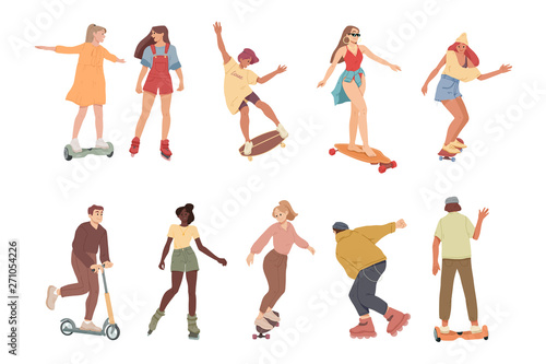 People ride on self-balancing scooter, skateboards, scooters, roller skates.