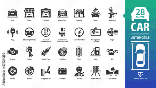 Car icon set with basic automotive symbols: automobile, auto service, wash & shop, vehicle repair, wheel & tire, oil & fuel, engine, battery, road traffic, brake, spark plug and more glyph sign.