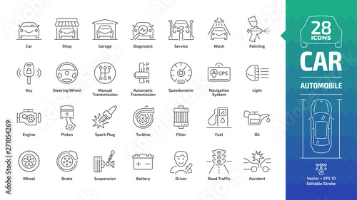 Car outline icon set with basic automotive symbols: automobile, auto service, wash & shop, vehicle repair, wheel & tire, oil & fuel, engine, piston, transmission, filter and more editable stroke sign.