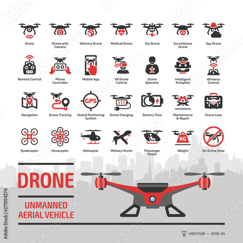 Drone unmanned aerial vehicle glyph icon set with flat red UAV, skyline, autonomous technology, sky camera, military and delivery aircraft robots, helicopter, remote control silhouette symbols.