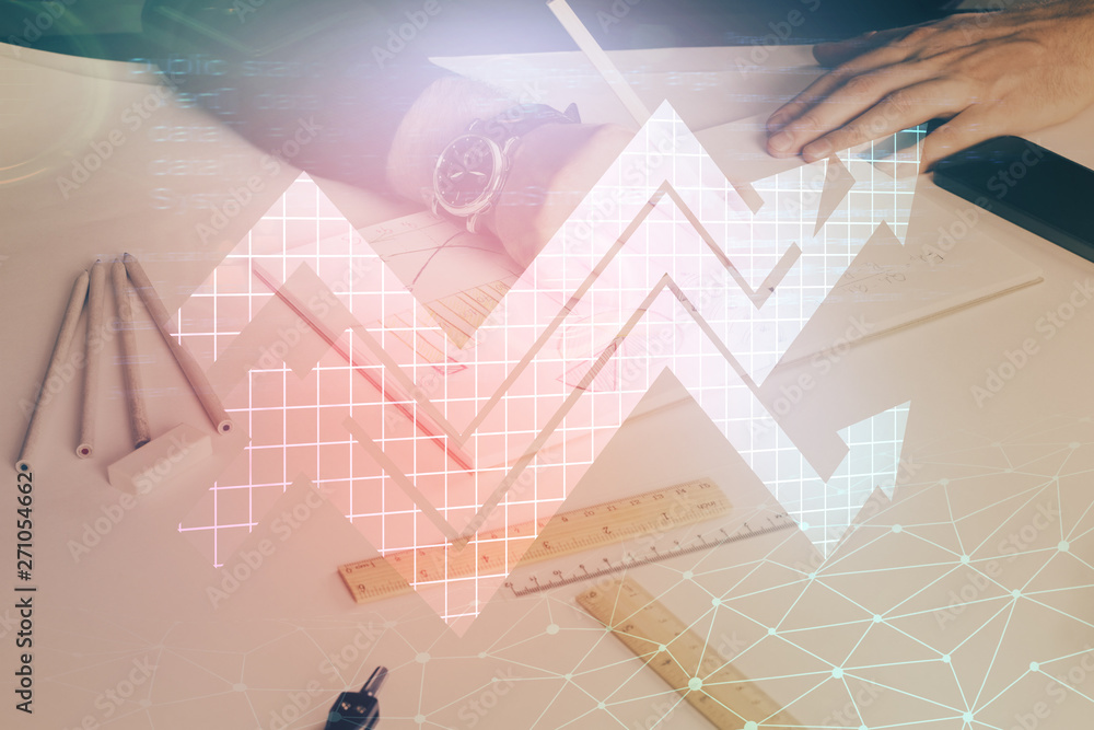Obraz premium Businessman with creative business upward arrows on people hands background. Financial growth concept. Multi exposure.