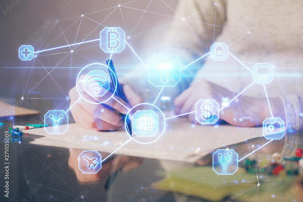 Social network theme hologram over hands taking notes background. Concept of global international people connect. Double exposure Social network theme hologram over hands taking notes background. Concept of global international people connect. Double exposure
