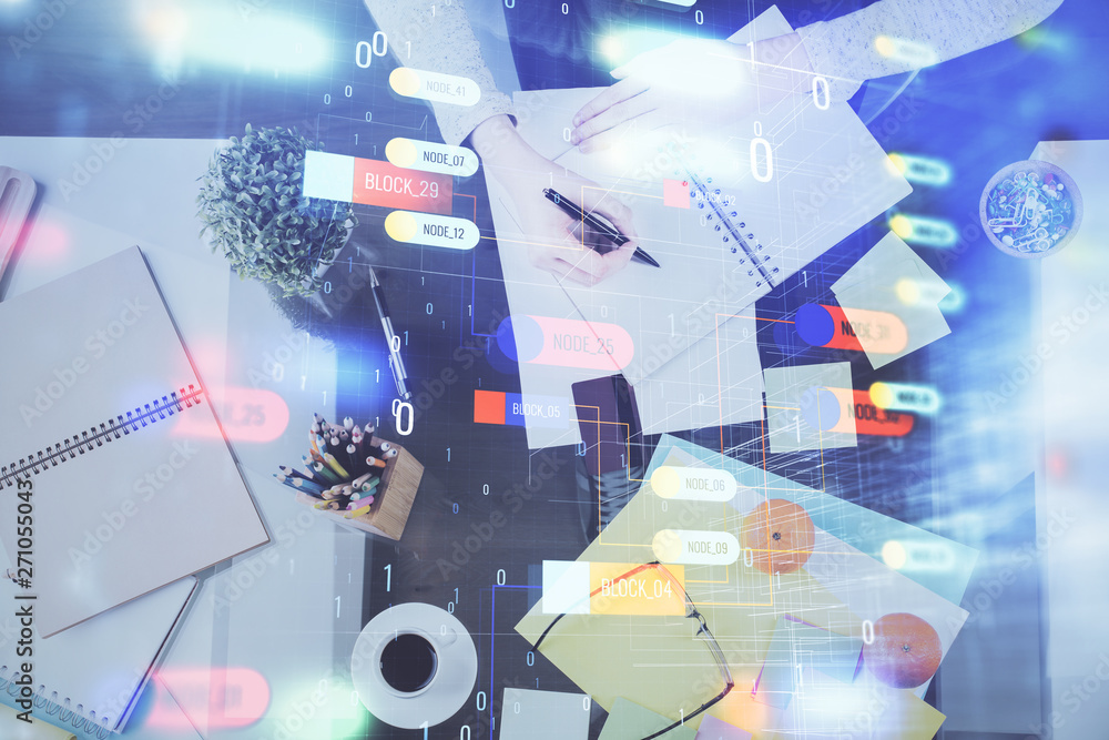 Double exposure of writing hand on background with data solution technology hologram. Ai concept. Double exposure of writing hand on background with data solution technology hologram. Ai concept.