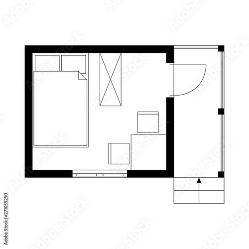 Black and white plan of tiny garden house with one room and veranda.