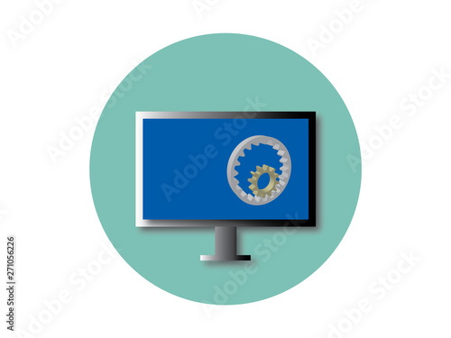 Illustration of engineering icon - LCD computer monitor showing 3d element of CAD Engineering Design. Icon for web and graphic design.