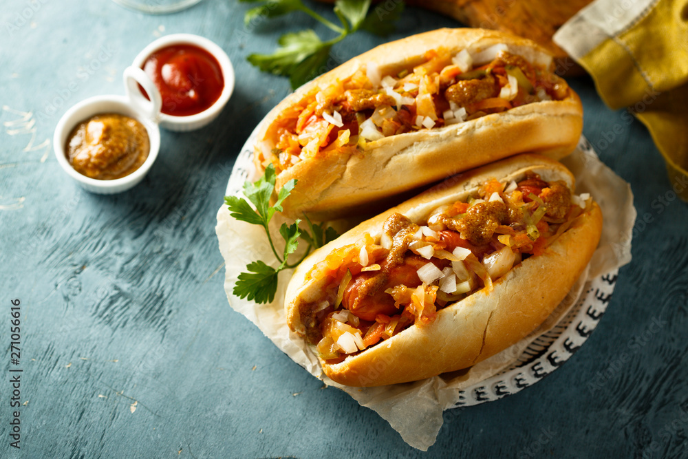 Homemade hot dogs with sauerkraut Homemade hot dogs with sauerkraut