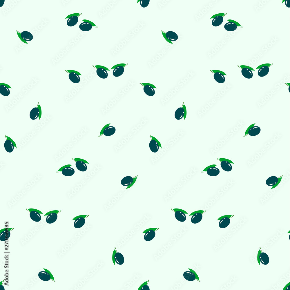 Black olive seamless pattern fruits, green leaves on light blue flat design element stock vector illustration for web, for print, for packaging, for product design, for tabelclouse fabric Black olive seamless pattern fruits, green leaves on light blue flat design element stock vector illustration for web, for print, for packaging, for product design, for tabelclouse fabric