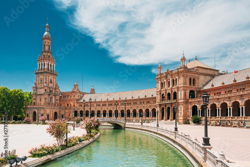 Seville, Spain. Canal Promenade Around Famous Landmark - The Plaza De Espana In Seville, Andalusia, Spain. Renaissance Revival Style. Spain Square