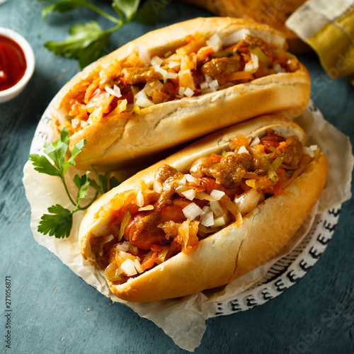 Canvas Print Homemade hot dogs with sauerkraut