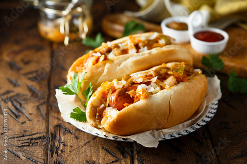 Homemade hot dogs with sauerkraut