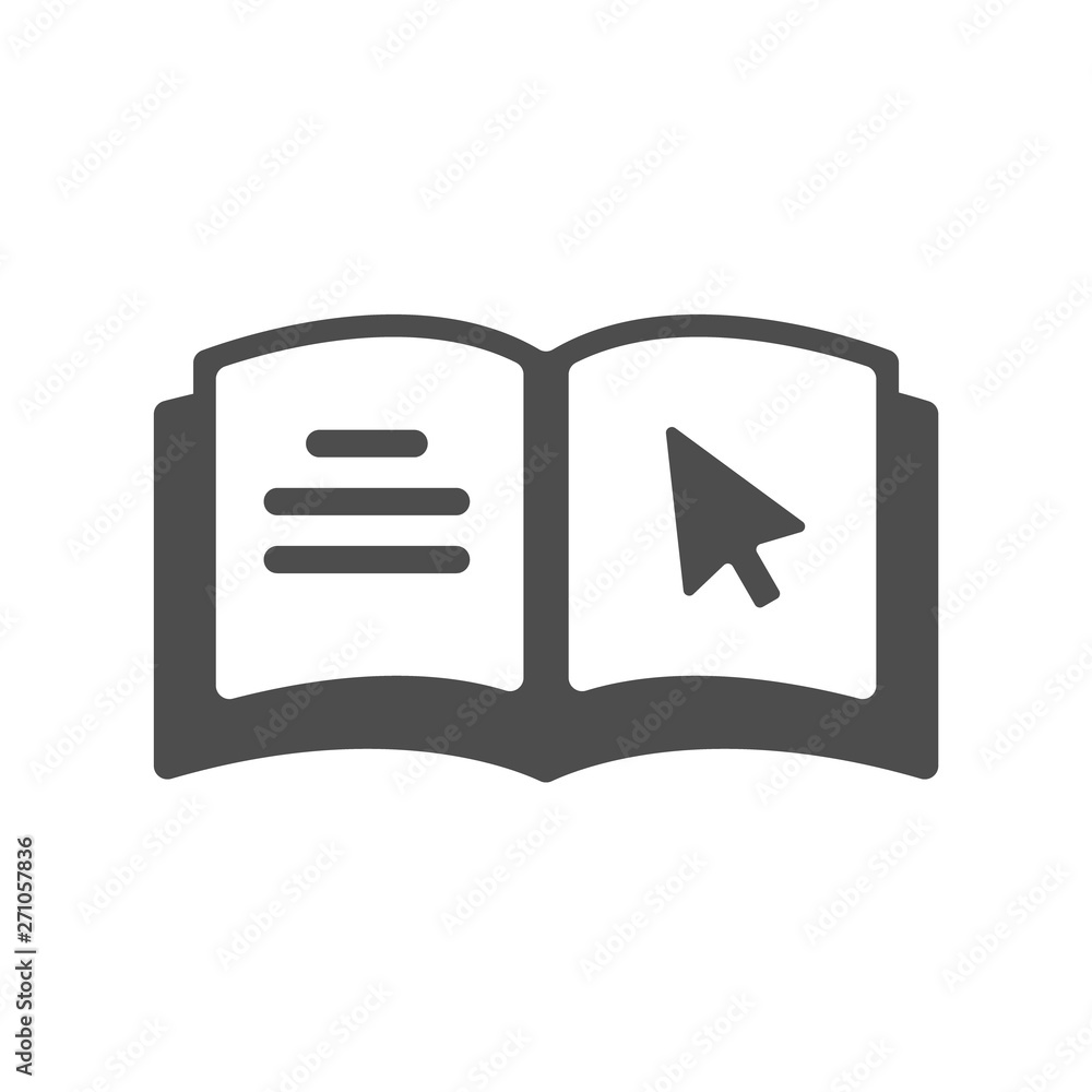 eBook with mouse cursor arrow and lines. open book vector icon isolated on white background. study and education, self education, reeding web icon for mobile and ui design eBook with mouse cursor arrow and lines. open book vector icon isolated on white background. study and education, self education, reeding web icon for mobile and ui design