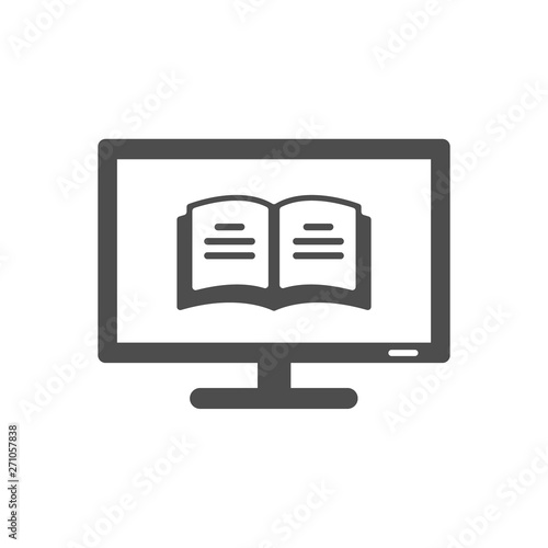 eBook on computer monitor. open book with lines on monitor vector icon isolated on white background. study and education, self education, reeding web icon for mobile and ui design