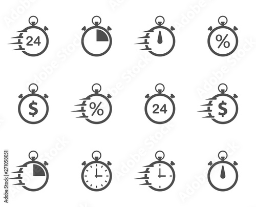 fast time stopwatch vector icon set for web and ui design. fast stopwatch flat icons isolated on white background. time is money business concept. round the clock, dollar and percent signs