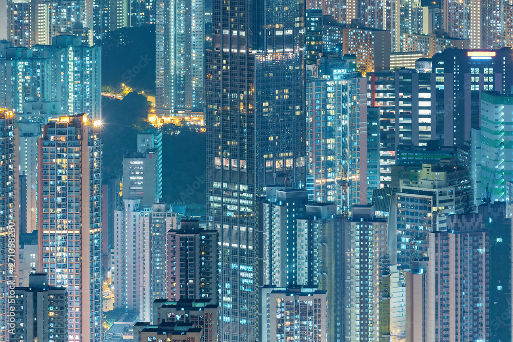 High rise building in Hong Kong city at night