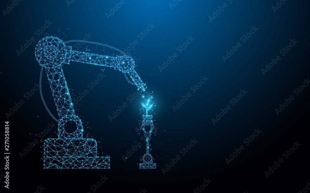 Smart robotic farmers technology. Robot spray chemical. lines, triangles and particle style design. Illustration vector