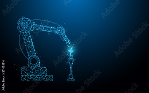 Smart robotic farmers technology. Robot spray chemical. lines, triangles and particle style design. Illustration vector