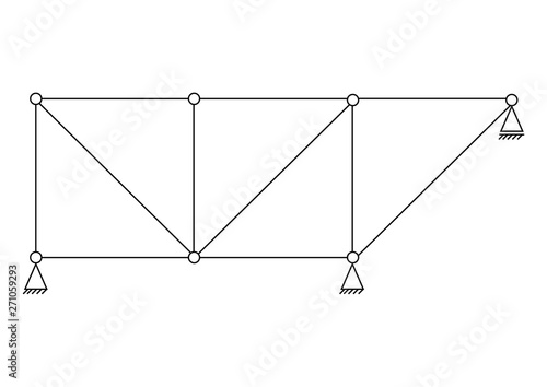 Vector illustration of a truss with pinned supports and a roller support. Simple drawing construction isolated on white background. Engineering graphic.