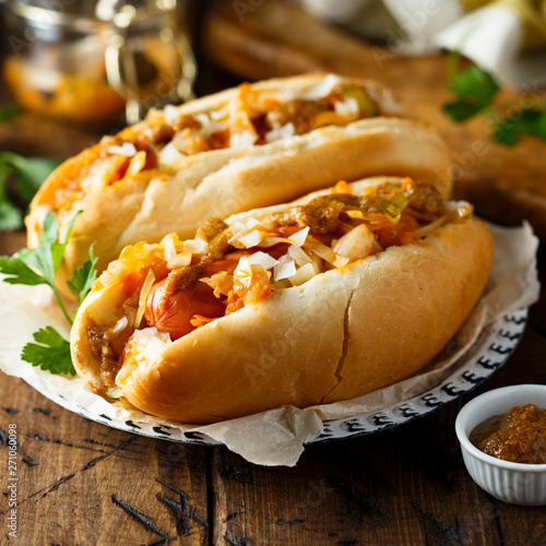 Homemade hot dogs with sauerkraut