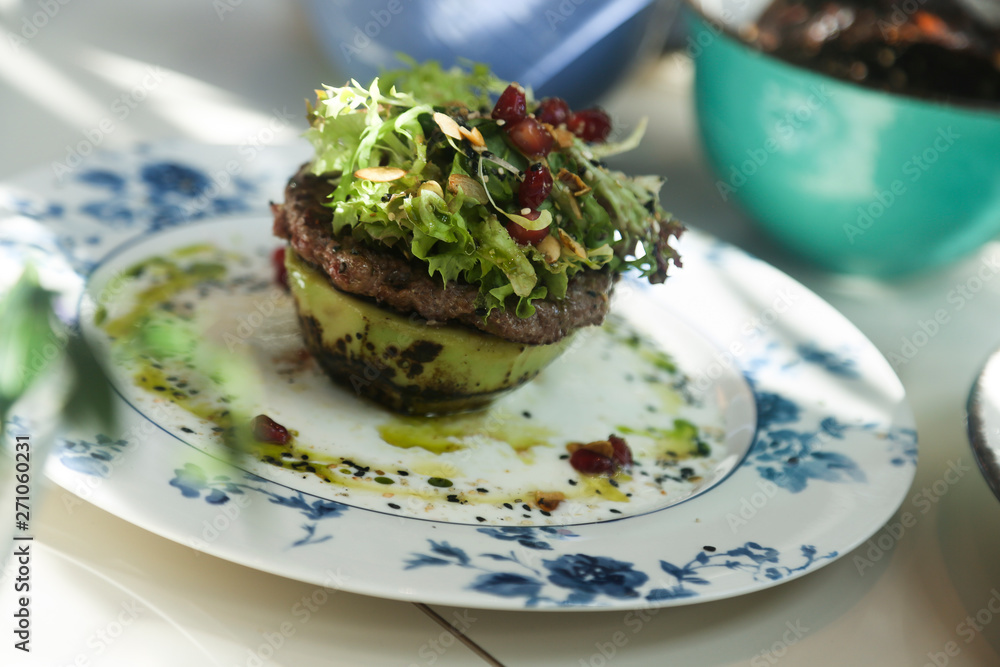 Healthy avo burger with beef and salad Healthy avo burger with beef and salad