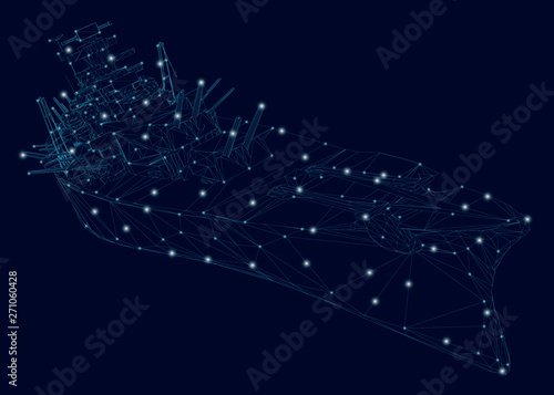 Wireframe warship with weapons. Contour of the ship with glowing lights. Vector illustration