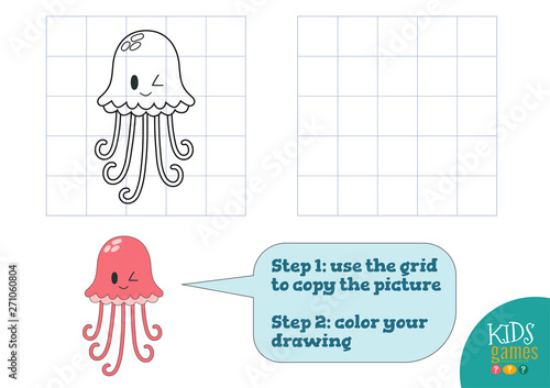 Copy and color picture vector illustration, exercise. Funny cartoon pink jellyfish