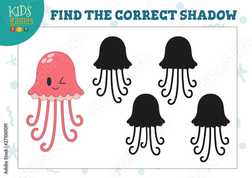 Find the correct shadow for cute cartoon jellyfish educational preschool kids mini game