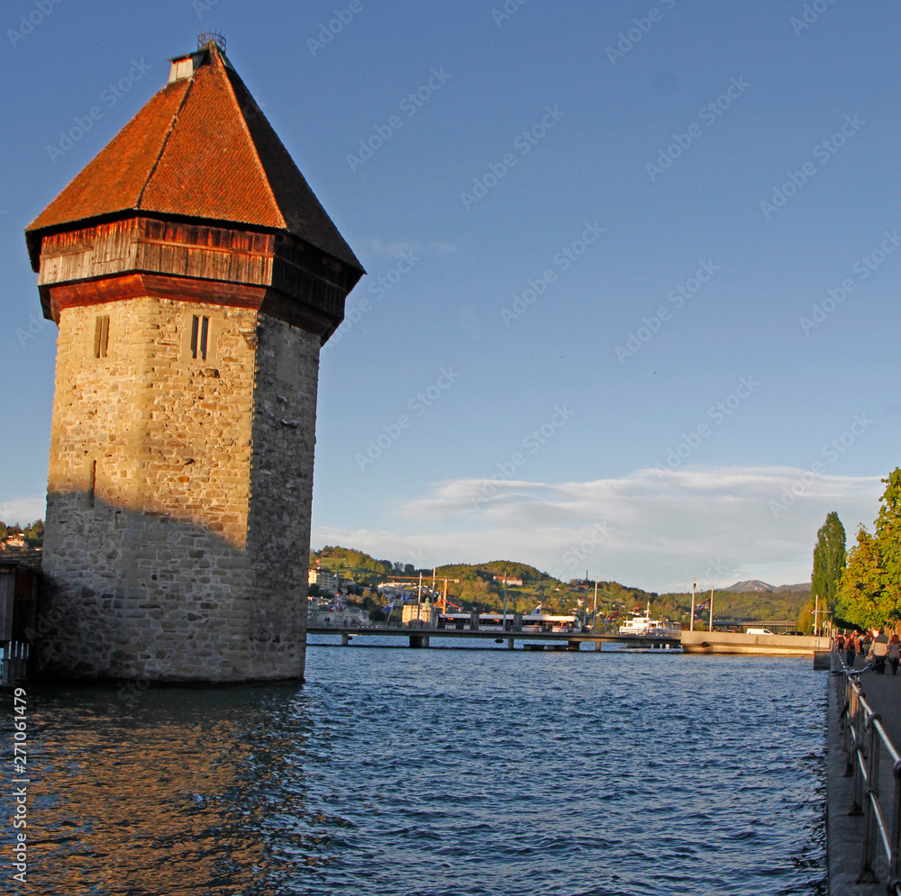 the octagonal water tower of chapel bridge in Luzern