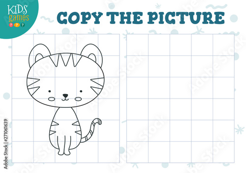 Copy picture by grid vector illustration. Educational mini game, puzzle for preschool kids