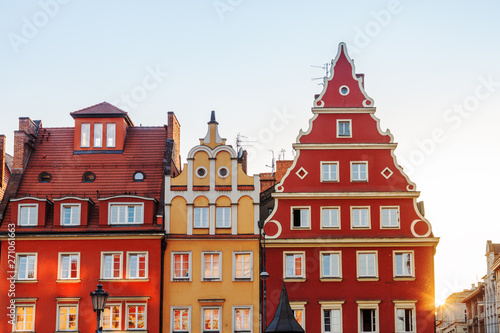 sunset over old houses in Wroclaw in Poland