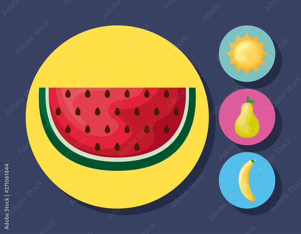 set of watermelon with sun and fruits set of watermelon with sun and fruits