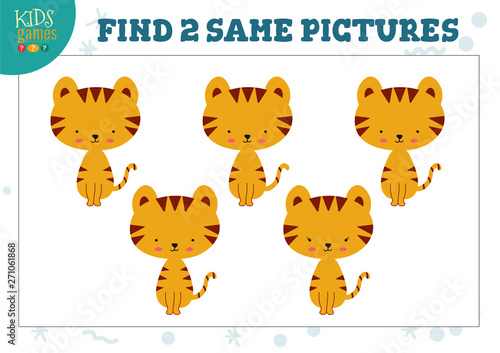 Find two same pictures kids game vector illustration. Activity for preschool children