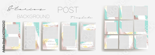  Design backgrounds for social media banner.Set of instagram stories and  post frame templates.Vector cover. Mockup for personal blog or shop.Layout for promotion.Endless square puzzle.