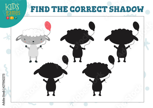 Find the correct shadow for cute cartoon sheep educational preschool kids mini game