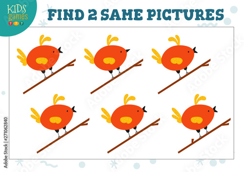 Find two same pictures kids game vector illustration.