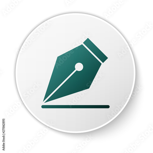 Green Fountain pen nib icon isolated on white background. Pen tool sign. Green circle button. Vector Illustration