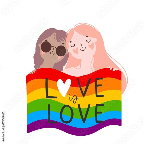 Love is Love. Gay couple hold rainbow gay flag. Woman Vector. Cartoon. Isolated art
