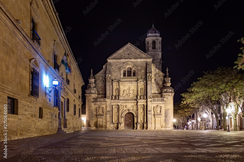 Sacra Chapel of the Savior in Úbeda at night.  Renaissance chapel with plateresque facade.