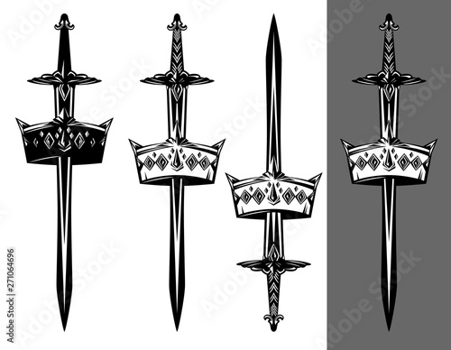 medieval sword blade inside royal crown - king power monochrome vector design set