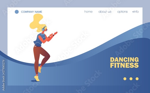 Dancing fitness school banner or landing page template. Vector concept illustration with young woman clapping hands and enjoying vigorous sport exercising