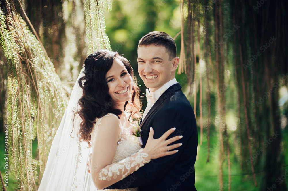 Beautiful bride and groom embracing and kissing on their wedding day. Beautiful bride and groom embracing and kissing on their wedding day.