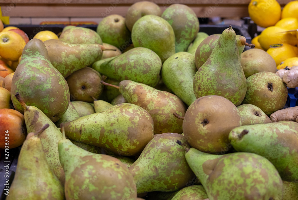 Fresh green-brown pears for sale at at Wroclaw Market Hall Fresh green-brown pears for sale at at Wroclaw Market Hall