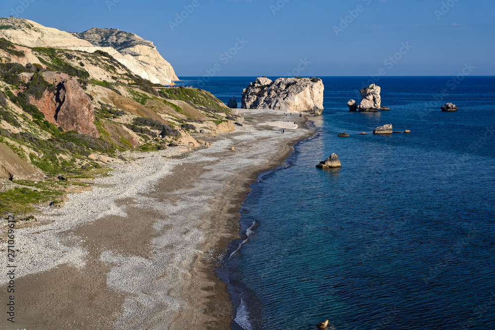 View of Petra tou Romiou (Rock of the Greek), also known as Aphrodite's Rock, a sea stack in Paphos, Cyprus