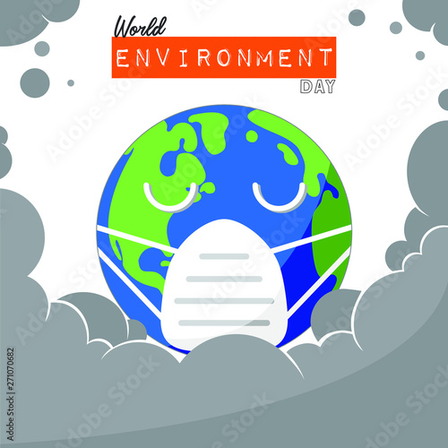 World environment day vector art. World wear mask with air pollution or smoke around world. Earth is being sick and sad. Save the world.