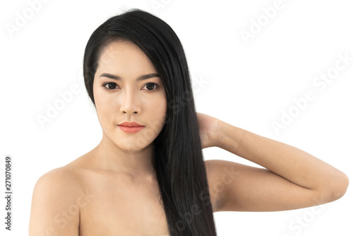 Beautiful woman beauty health care with black long shiny straight smooth hair isolated on white background.Hair cosmetics