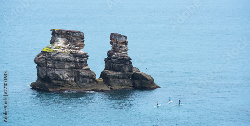 Landscape View of Twin Candlestick Islets (Husband and Wife Rocks) at the North Coast of Taiwan, Jinshan District , New Taipei, Taiwan