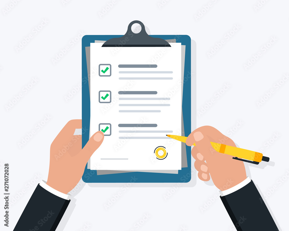 Businessman hand holding clipboard checklist with pen. Hand signing document. Form Illustration with Man Hand. Hand filling checklist on clipboard, concept for web banners, web sites Businessman hand holding clipboard checklist with pen. Hand signing document. Form Illustration with Man Hand. Hand filling checklist on clipboard, concept for web banners, web sites