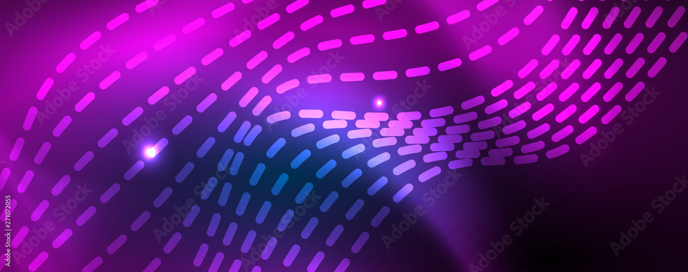 Fototapeta premium Smooth wave lines on blue neon color light background. Glowing abstract wave on dark, shiny motion, magic space light