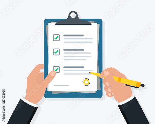 Businessman hand holding clipboard checklist with pen. Hand signing document. Form Illustration with Man Hand. Hand filling checklist on clipboard, concept for web banners, web sites